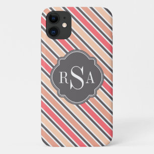 Funda Para iPhone 11 Patrón de franja blanca rosada monogramo