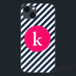 Funda Para iPhone 13 Patrón de franjas de la marina Monograma iPad Mini<br><div class="desc">funda de electrónica de personalizable con rayas diagonales de color blanco y de color marino. Hay otros colores disponibles.</div>