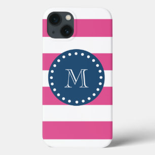 Funda Para iPhone 13 Patrón de franjas rosadas calientes, monograma azu