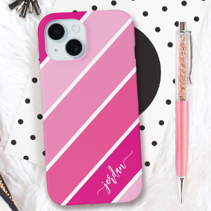 Funda Para iPhone 15 Patrón de franjas rosadas con el nombre de guión c