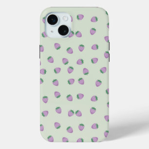 Funda Para iPhone 15 Mini Patrón de Fresa Morada sobre Fondo Verde