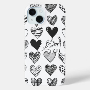 Funda Para iPhone 15 Patrón de gato y corazón negro y blanco