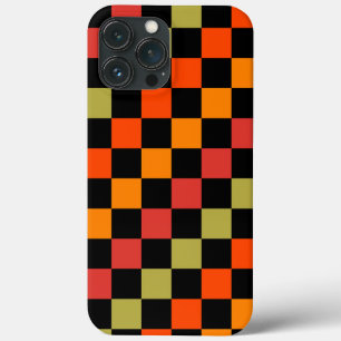 Funda Para iPhone 13 Pro Max Patrón de Gingham de naranja Black Checkered