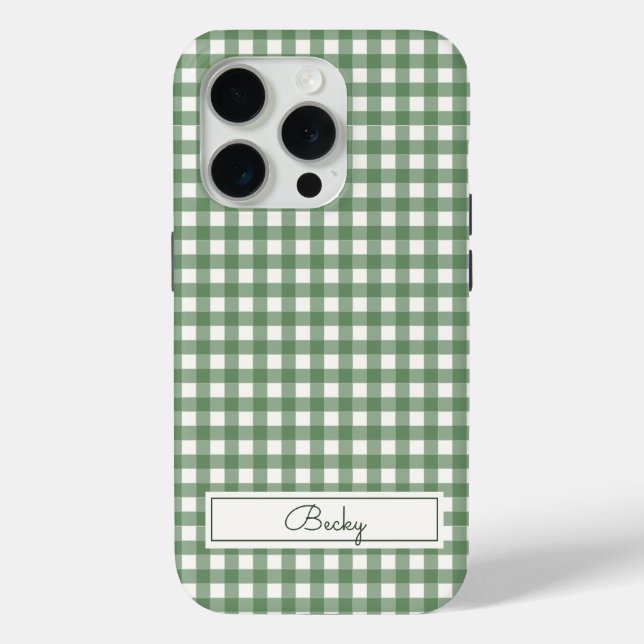 Funda De Case-Mate Para iPhone Patrón de Gingham en Verde con Nombre (Reverso )