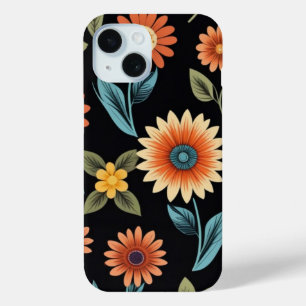 Funda Para iPhone 15 Patrón de girasol corto en fondo negro