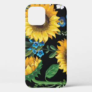Funda Para iPhone 12 Patrón de girasol de fondo negro