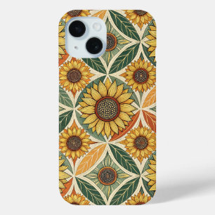 Funda Para iPhone 15 Patrón de girasoles y hojas   Quilado de inspiraci