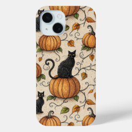 Funda Para iPhone 15 Patrón de Halloween de gatos negros y calabazas