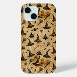 Funda Para iPhone 15 Patrón de Halloween de Vintage Witch y Broomsticks