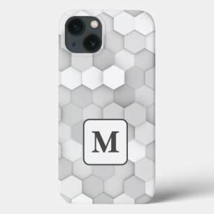 Funda Para iPhone 13 Patrón de hexágono geométrico blanco y gris monogr