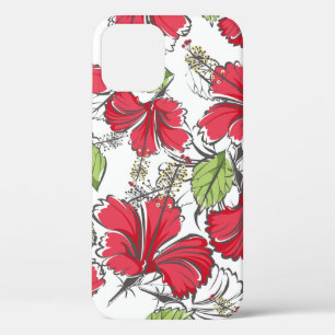 Funda Para iPhone 12 patrón de hibiscos con hojas tropicales y flores 