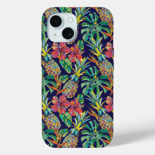 Funda Para iPhone 15 Patrón de hibiscus de piña tropical