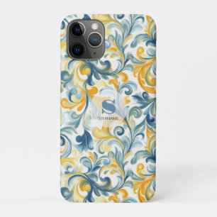 Funda Para iPhone 11 Pro Patrón de hoja azul y paisley dorada