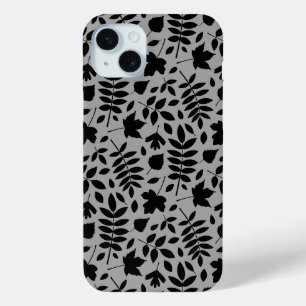 Funda Para iPhone 15 Mini Patrón de hojas caídas negro sobre gris