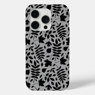 Funda Para iPhone 15 Pro Patrón de hojas caídas negro sobre gris