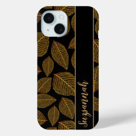 Funda Para iPhone 15 Patrón de hojas de esqueleto dorado sobre idea de