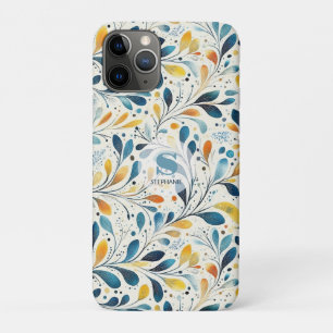 Funda Para iPhone 11 Pro Patrón de hojas de paisley azul y dorada (2)