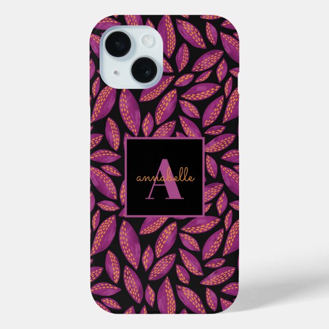 Funda De Case-Mate Para iPhone Patrón de hojas moradas monogramadas de otoño (Reverso )