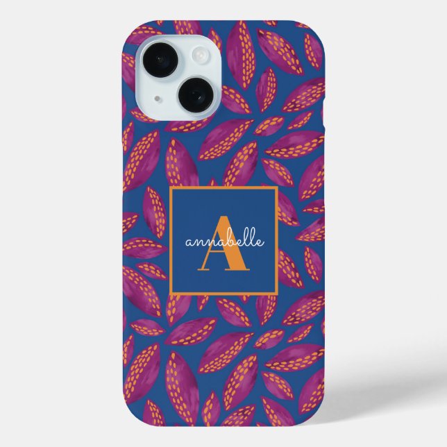 Funda De Case-Mate Para iPhone Patrón de hojas moradas monogramadas de otoño (Reverso )