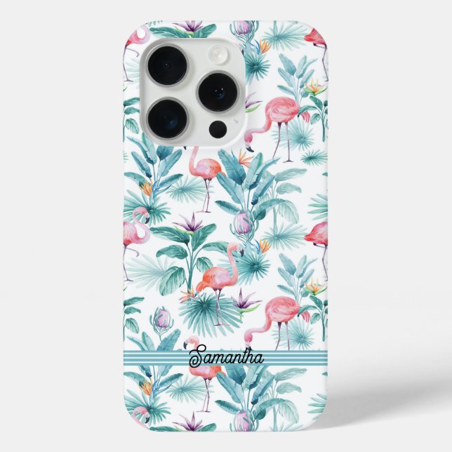 Funda De Case-Mate Para iPhone Patrón de hojas tropicales de flamencos rosados (Reverso )
