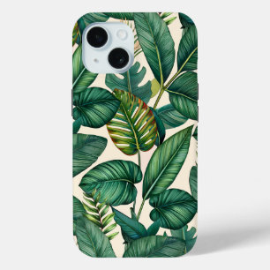 Funda Para iPhone 15 Patrón de hojas tropicales de palmera verde y azul
