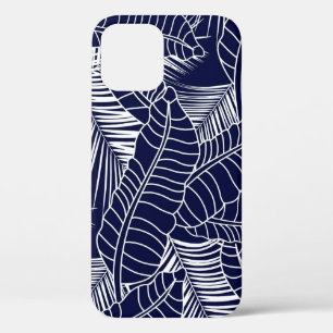 Funda Para iPhone 12 patrón de hojas tropicales en el fondo azul marino