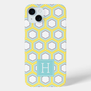 Funda Para iPhone 15 Mini Patrón de Honeycomb de Guay y monograma de Aqua