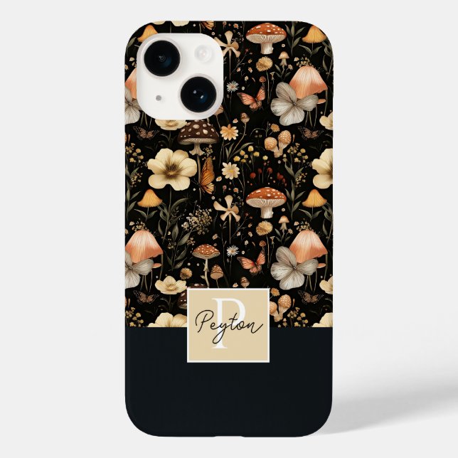 Funda De Case-Mate Para iPhone Patrón de hongos y flores con nombre (Reverso )