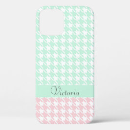 Funda Para iPhone 12 Patrón de Houndstoth de nombre Pastel Rosa Verde M