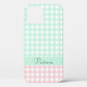 Funda Para iPhone 12 Patrón de Houndstoth de nombre Pastel Rosa Verde M