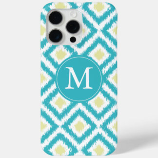 Funda Para iPhone 15 Pro Max Patrón de ikat de diamantes amarillos y Aqua monog