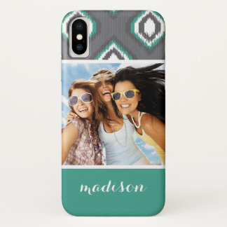 Funda Para iPhone X Patrón de ikat geométrico retro con foto y nombre
