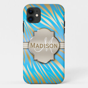 Funda Para iPhone 11 Patrón de impresión de cebra azul dorado monograma