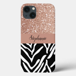 Funda Para iPhone 13 Patrón de impresión de cebra y Purpurina de oro Ro