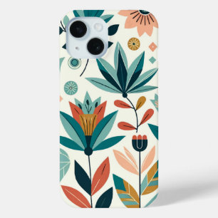 Funda Para iPhone 15 Patrón de Impresión Floral Moderna en Naranja Verd