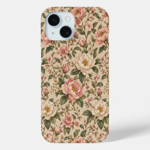 Funda Para iPhone 15 Patrón de jardín de peonía y rosa romántica vintag