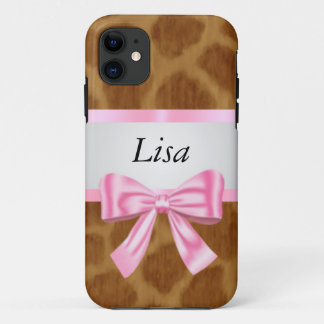 Funda Para iPhone 11 Patrón de jirafa personalizado Bow rosado