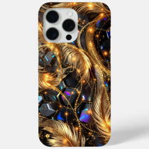 Funda Para iPhone 15 Pro Max Patrón de las plumas de oro de lujo y de la espuma