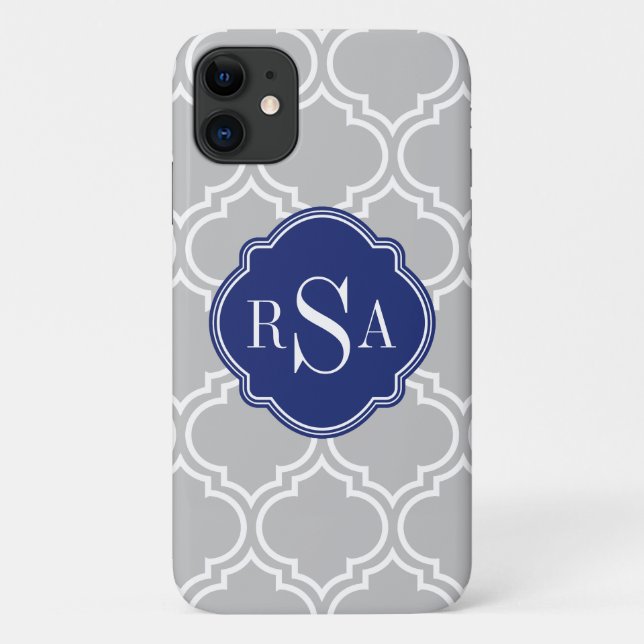 Funda De Case-Mate Para iPhone Patrón de latencia de mosaico gris Monograma azul (Reverso)