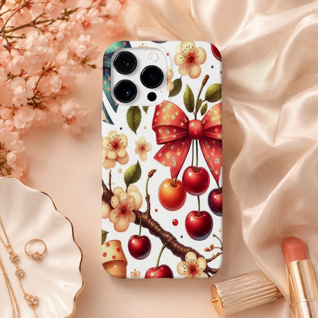 Funda De Case-Mate Para iPhone patrón de lazo y cereza  (bow and cherry pattern Case-Mate iPhone case)
