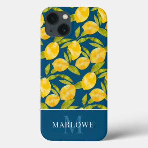 Funda Para iPhone 13 Patrón de limón de color azul amarillo dorado mono