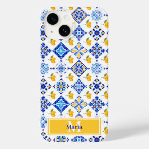 Funda Para iPhone 14 De Case-Mate Patrón de limón de país francés azul Monograma nom