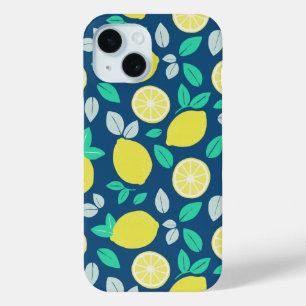 Funda Para iPhone 15 Patrón de limón de verano en azul marino