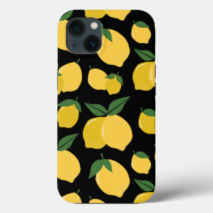Funda Para iPhone 13 Patrón de limón Fruto retro Amarillo sobre negro