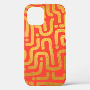 Funda Para iPhone 12 Patrón de líneas abstractas de color dorado rojo
