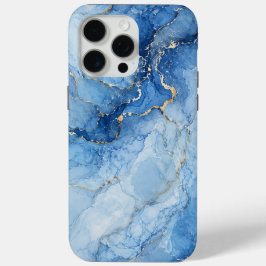 Funda Para iPhone 15 Pro Max Patrón de mármol azul con vetas doradas acuarela