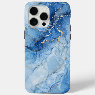 Funda Para iPhone 15 Pro Max Patrón de mármol azul con vetas doradas acuarela