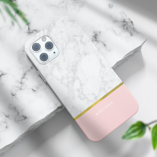 Funda Para iPhone 15 Pro Max Patrón de mármol rosa y Relieve metalizado dorado