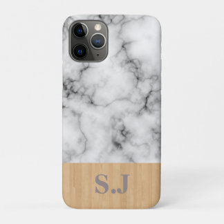 Funda Para iPhone 11 Pro Patrón de mármol y madera con monograma