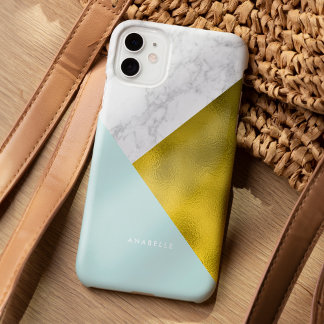 Funda Para iPhone 15 Pro Max Patrón de Mint Marble y Relieve metalizado dorado 